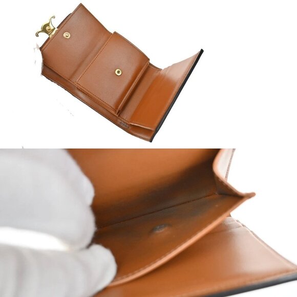 CELINE Triomphe Small Trifold Wallet Purse Canvas Leather Brown BE GHW 87RL411 - Picture 10 of 12